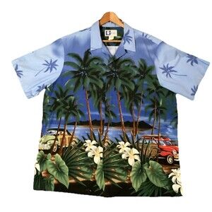 RJC Men’s Vtg Hawaiian Shirt 2XL Blue White Station Wagon Cars Aloha Pocket
